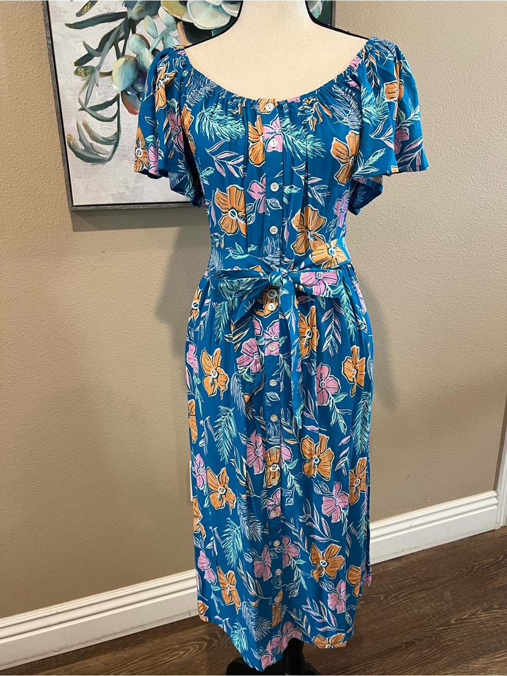Teal Blue Floral Off-Shoulder Midi Dress with Tie Waist